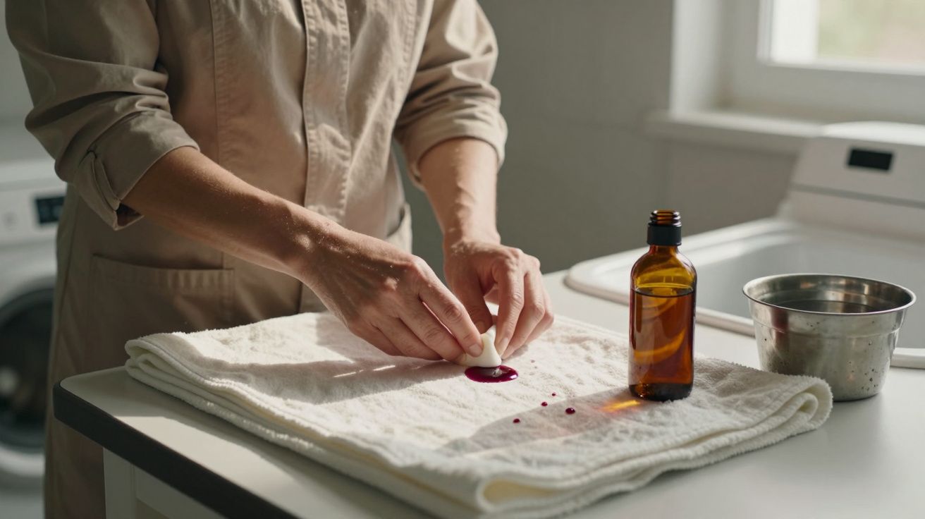 Pessoa limpa mancha de vinho tinto numa toalha branca com pano e produto de limpeza ao lado de uma garrafa e uma taça.