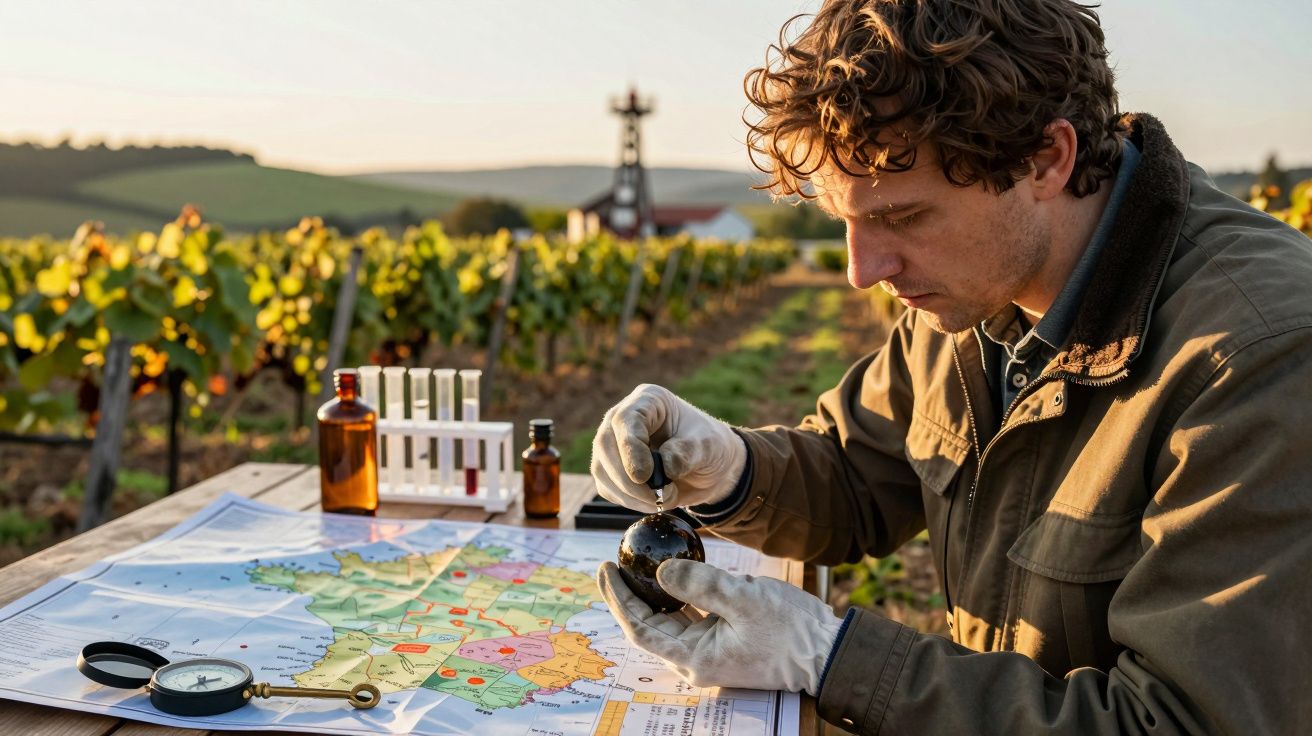 Homem analisa solo em vinhedo, mapa e bússola sobre mesa ao ar livre.