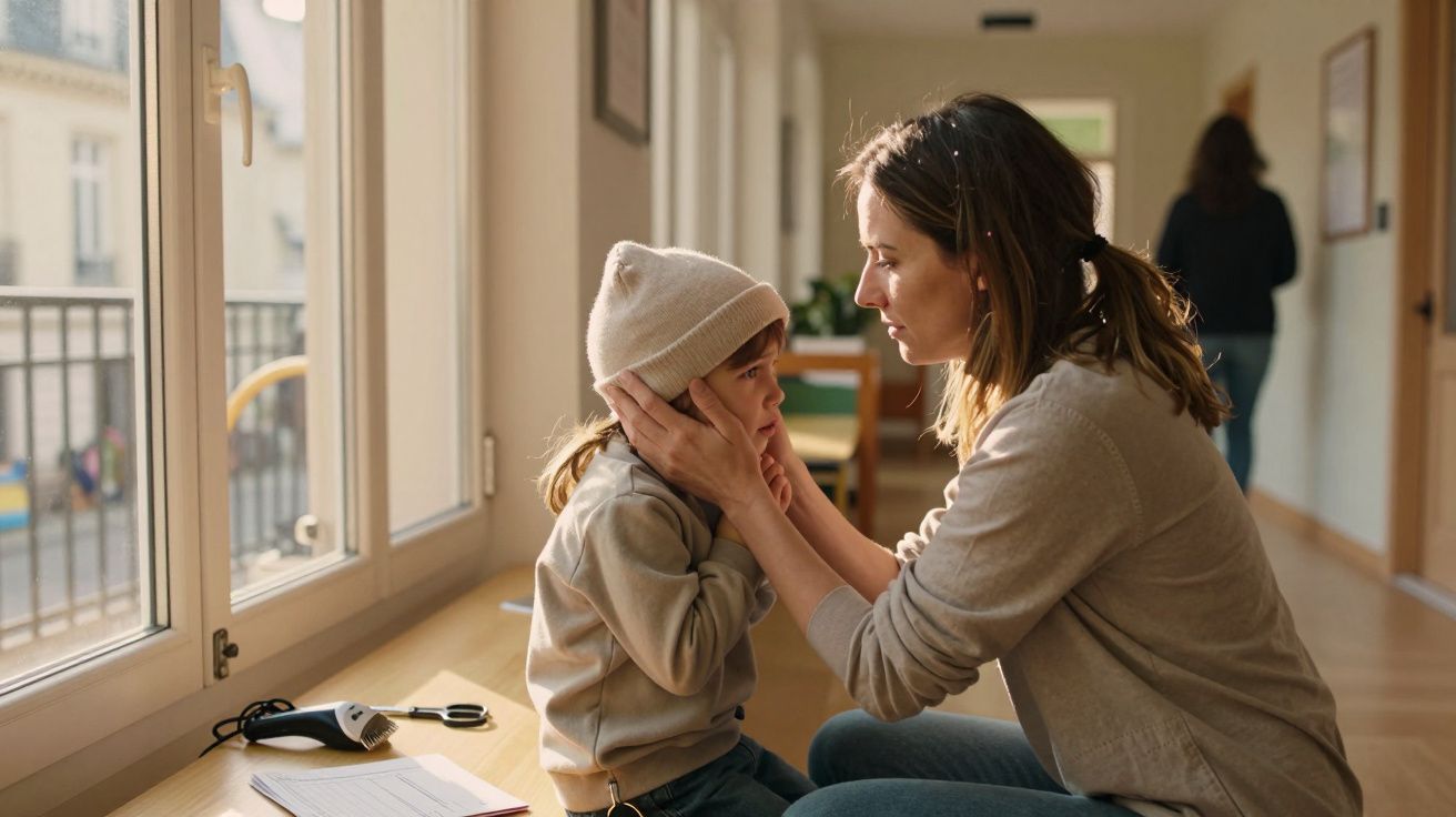 Mulher ajoelhada consola criança com gorro numa sala iluminada pelo sol.