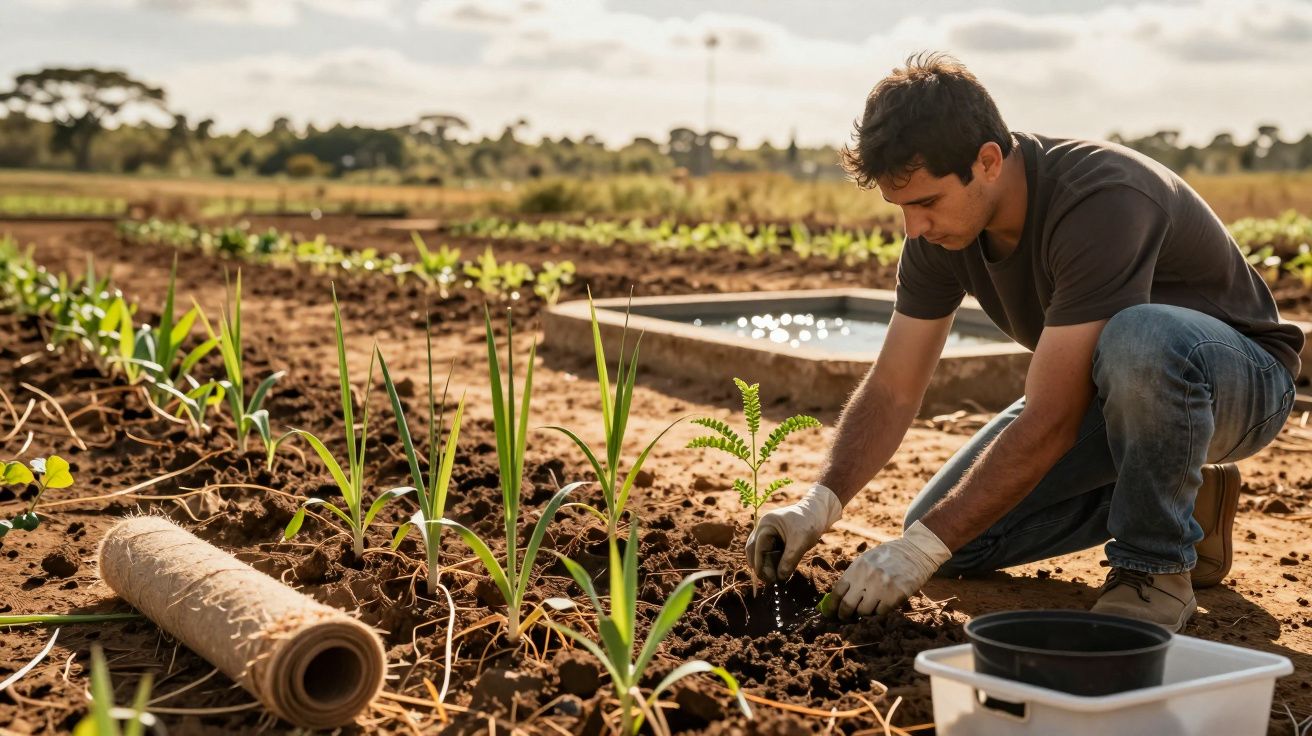 Homem a plantar mudas num campo agrícola ao pôr do sol, usando luvas e rodeado por várias plantas.