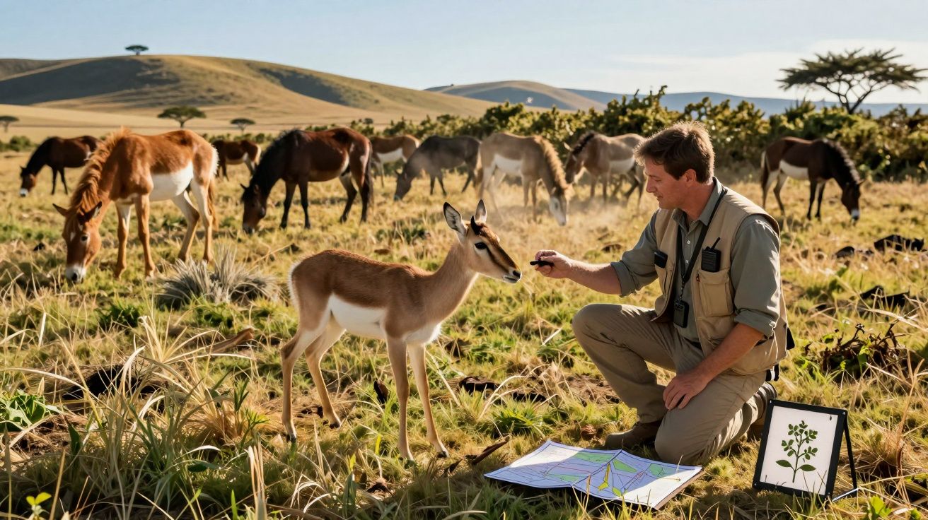 Homem interage com antílope jovem numa savana, rodeado por cavalos, com mapas e uma imagem de árvore no chão.