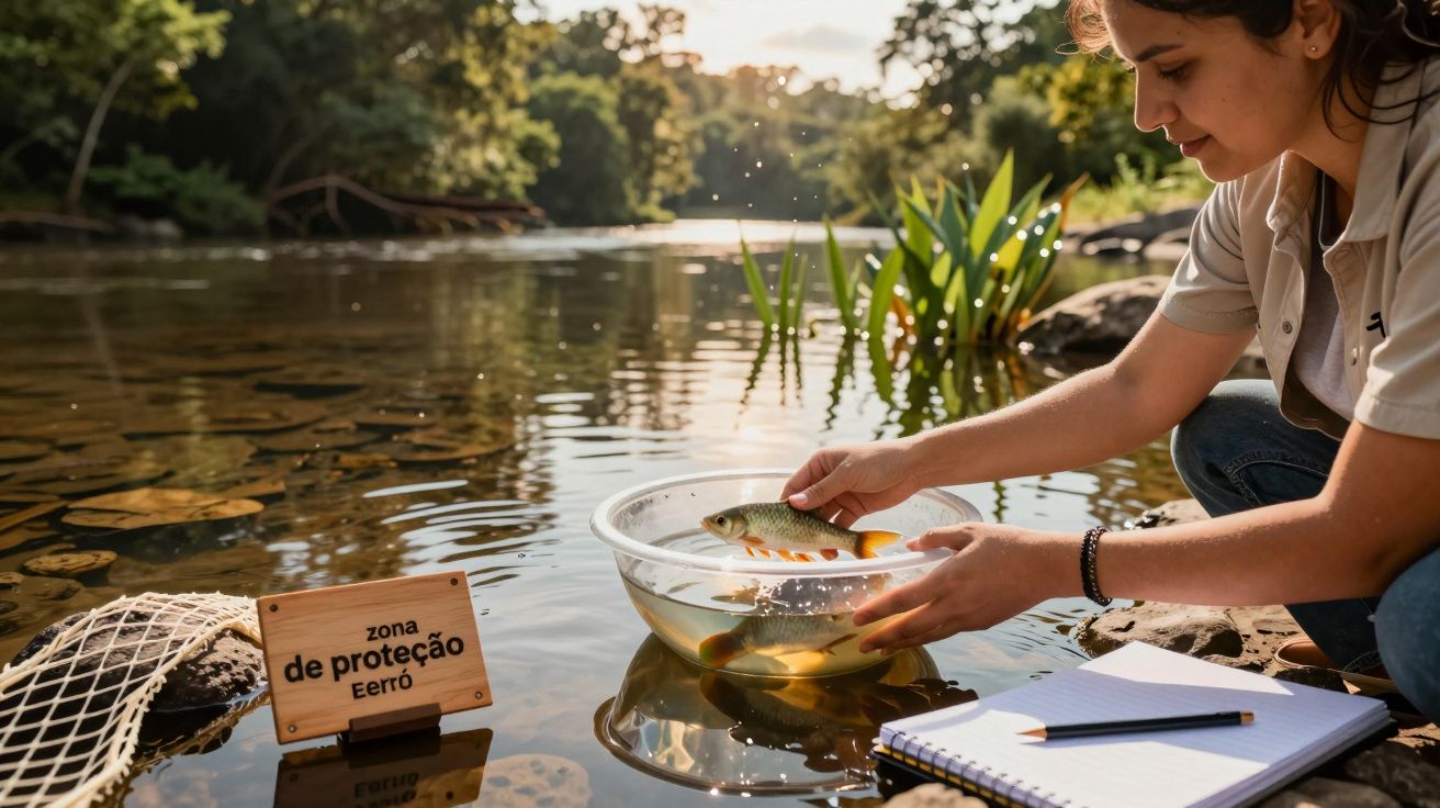 Mulher coleta peixe em bacia na margem de rio; placa indica "zona de proteção." Caderno e rede ao lado.