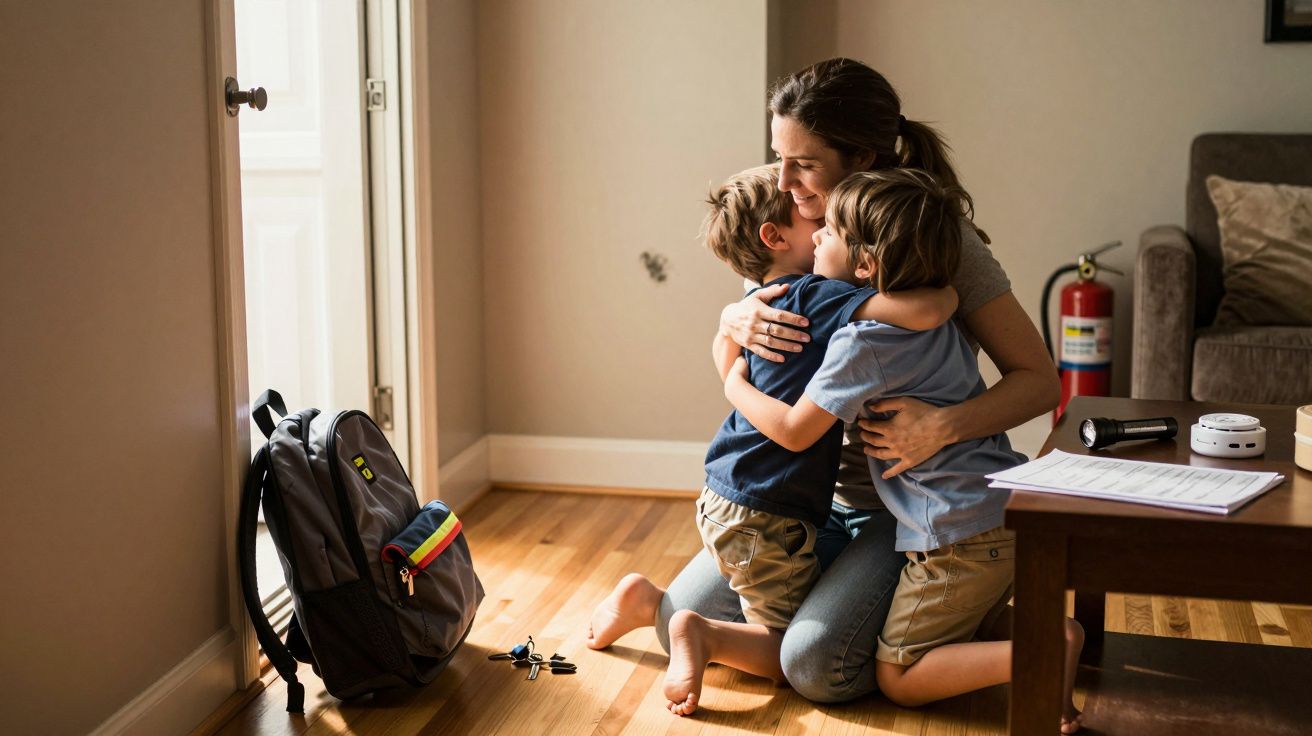 Mãe abraçando dois filhos num quarto com mochila e brinquedos no chão.