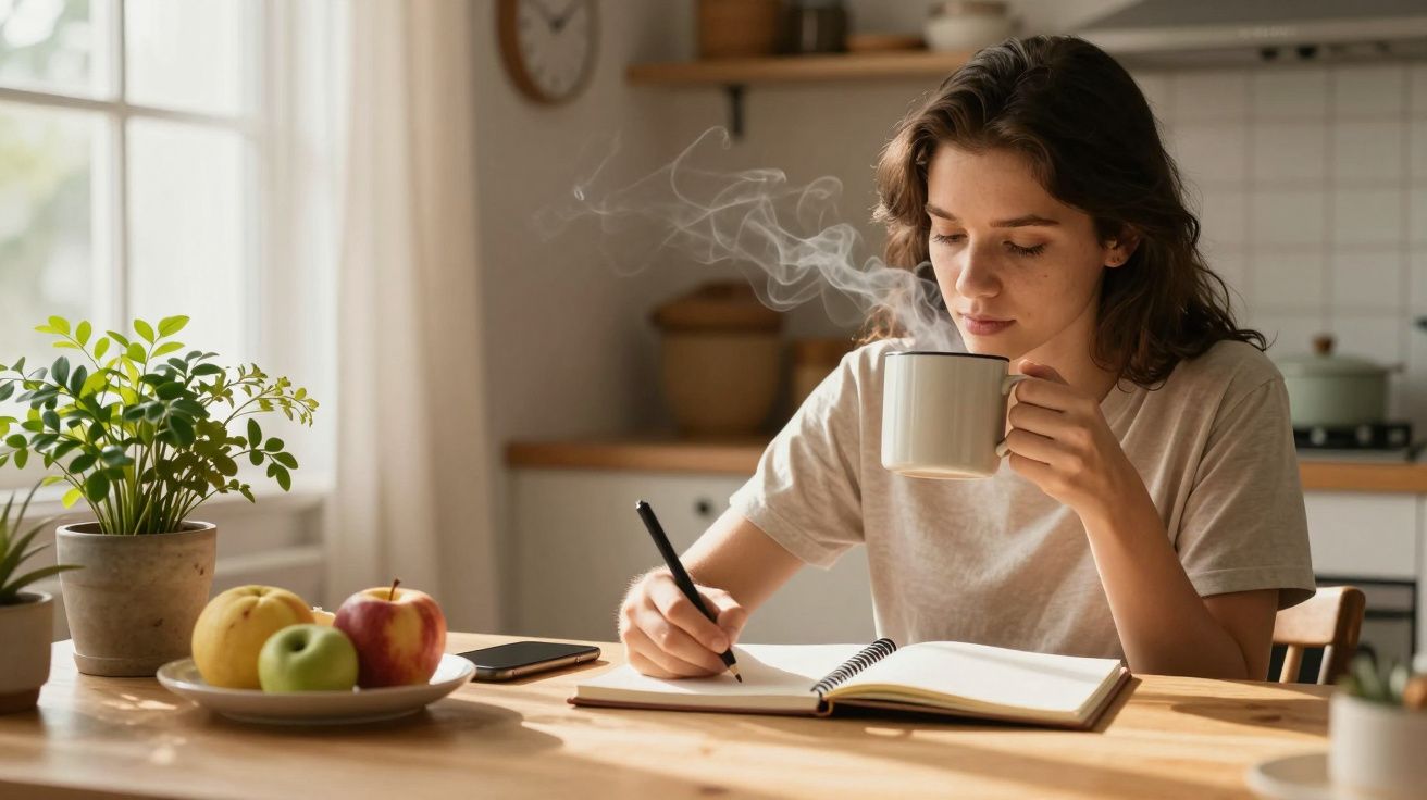 Mulher escrevendo num bloco de notas enquanto bebe café na cozinha, com frutas e planta na mesa.