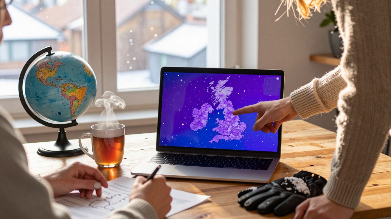 Duas pessoas analisam mapa do Reino Unido em portátil, com globo e chá sobre a mesa.