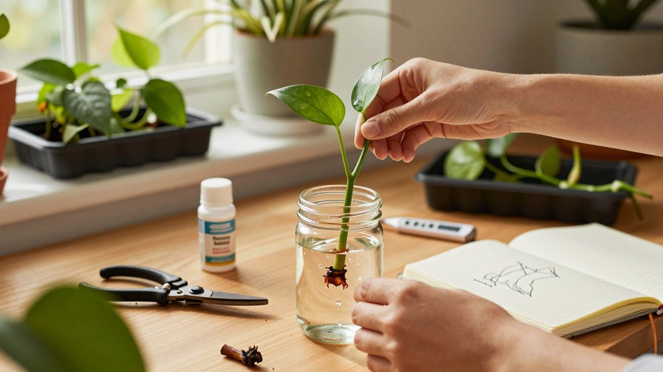Pessoa a colocar ramo numa jarra com água, no meio de plantas e caderno, numa mesa junto a janela.