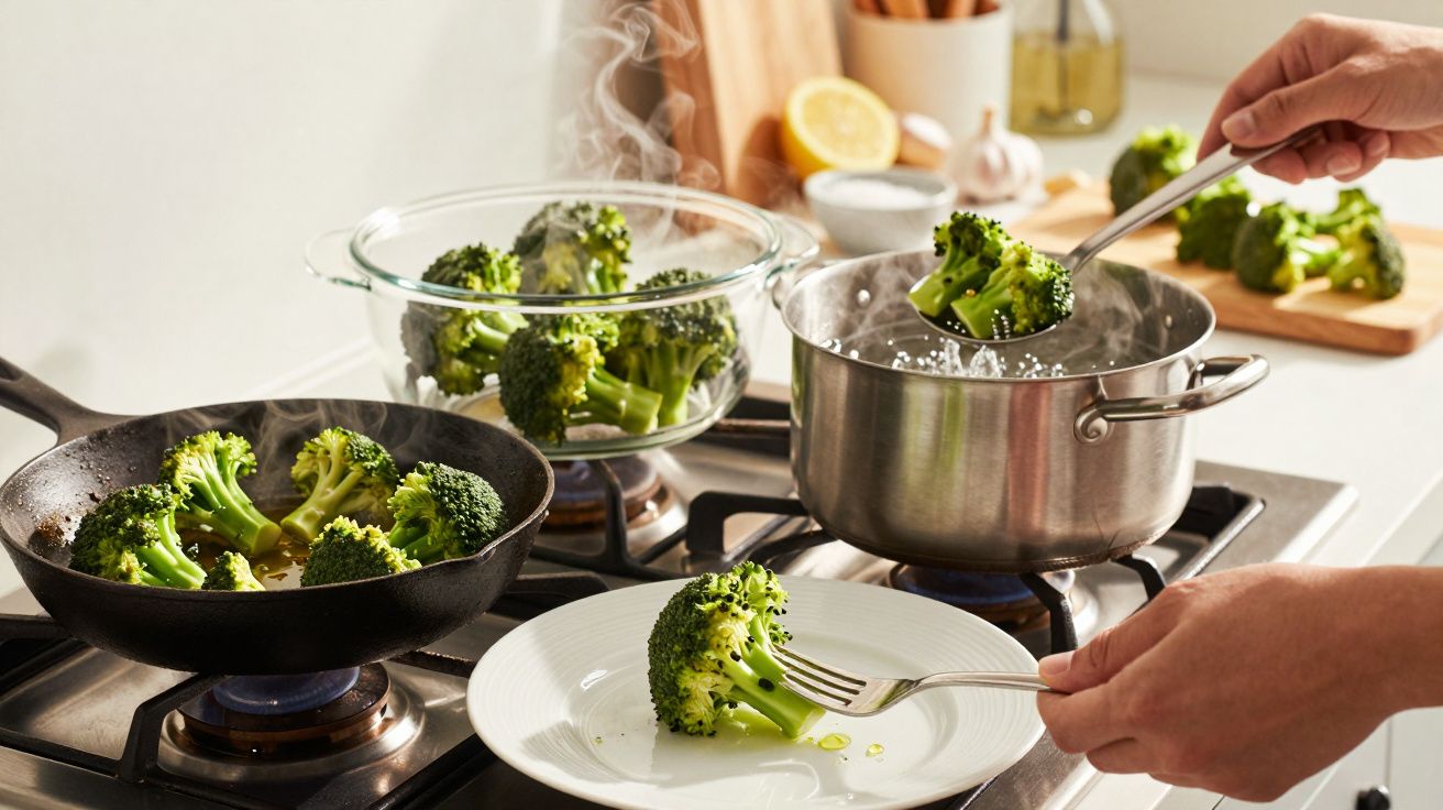 Pessoa a cozinhar brócolos em panela e frigideira, servindo num prato branco em cozinha moderna.