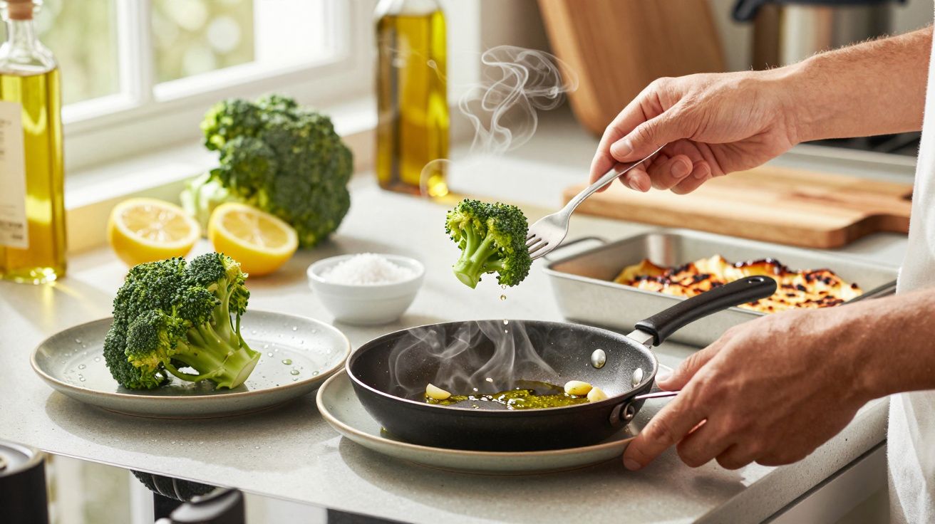 Pessoa cozinha brócolos numa frigideira com azeite e alho, numa cozinha com limões e sal à vista.