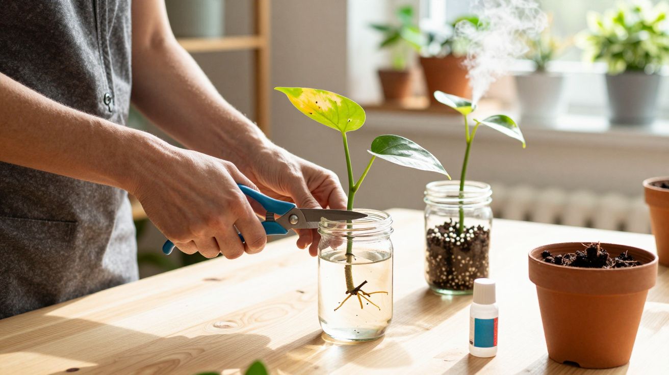 Pessoa a cortar raízes de planta num frasco de vidro com água, sobre mesa, com vasos e plantas ao fundo.