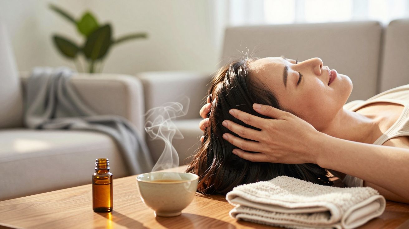Mulher relaxando e massajando o cabelo com óleo essencial, ao lado de toalhas e chá, numa sala de estar iluminada.
