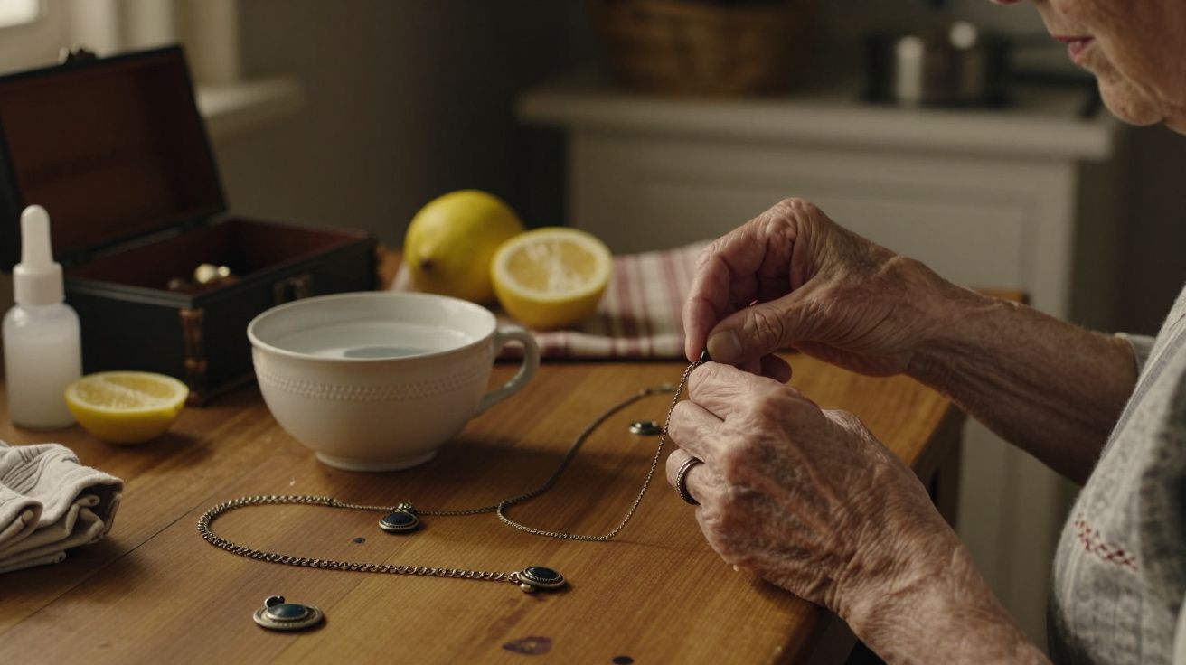Mãos de idosa limpando joia em mesa de madeira, com limões e utensílios ao fundo.