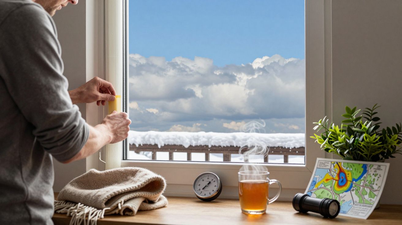 Homem junto à janela nevada com chá fumegante, binóculos, mapa e plantas, olhando para as nuvens no céu azul.