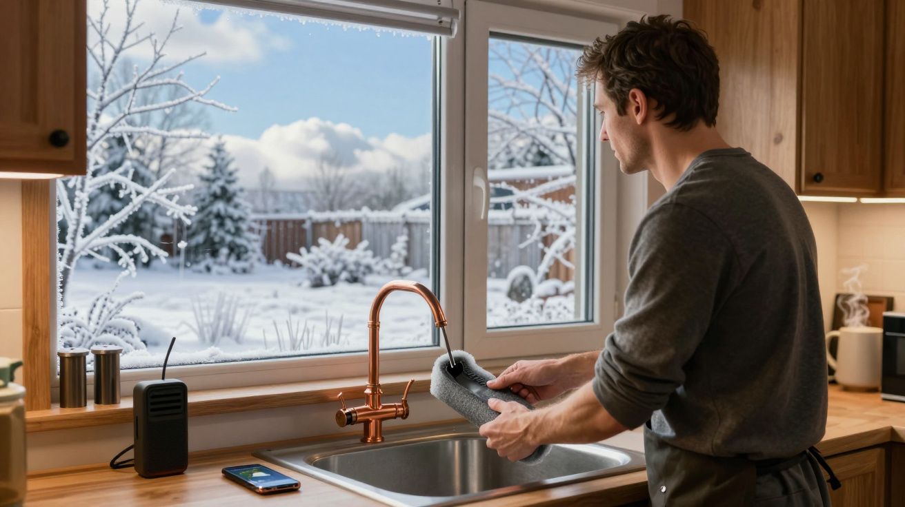 Homem a lavar louça na cozinha com vista para paisagem nevada através da janela.