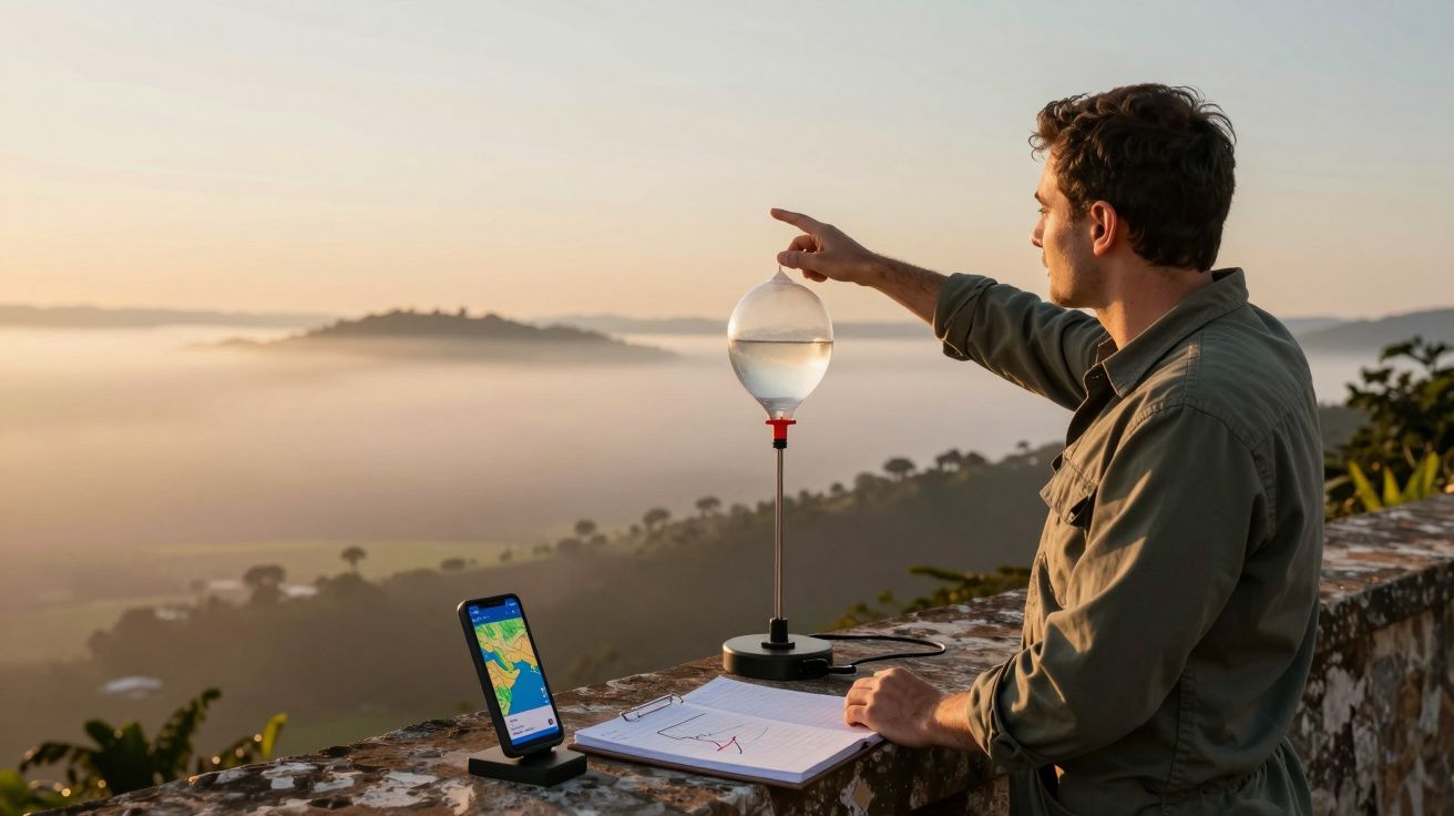 Homem ao ar livre com dispositivo científico, caderno e smartphone sobre mesa, com paisagem de montanhas ao fundo.