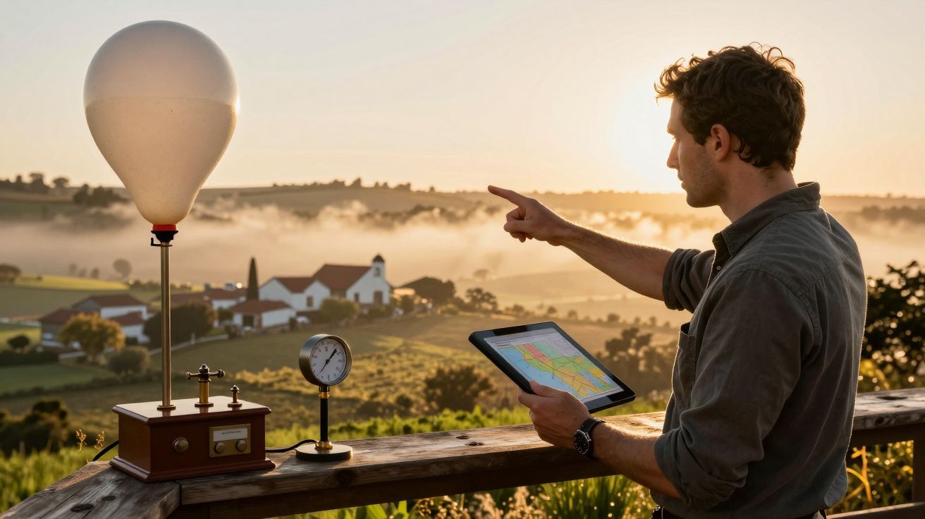 Homem aponta para o campo ao amanhecer, segurando tablet. Balão meteorológico e medidor ao lado.