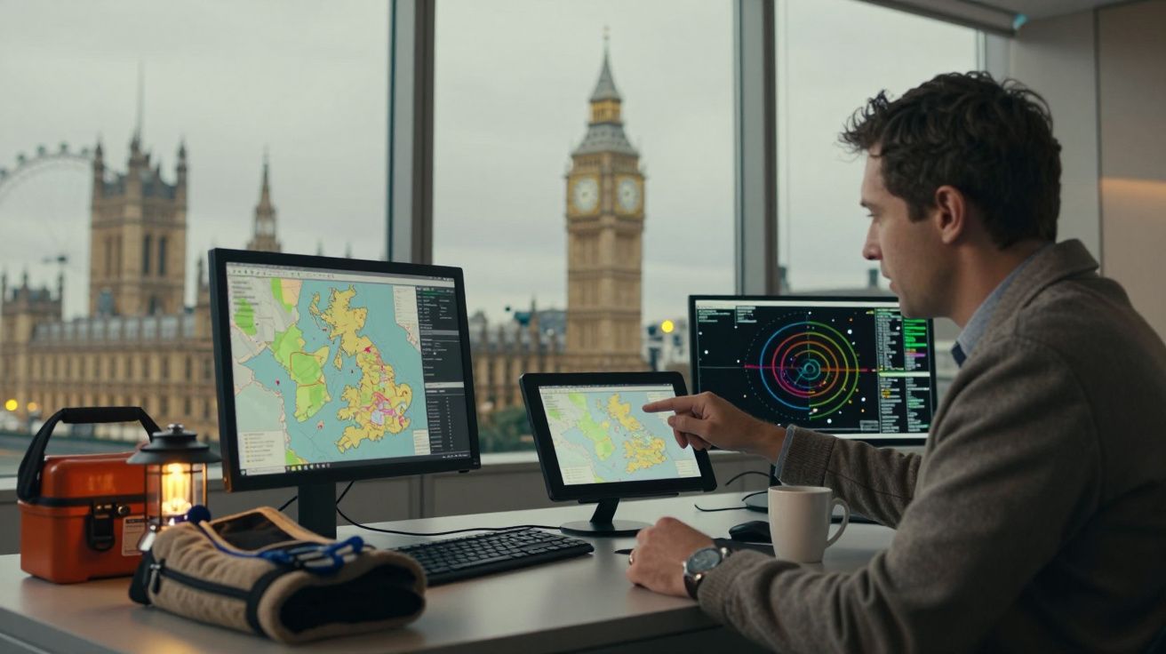 Homem analisa mapas em ecrãs, Londres ao fundo com o Big Ben.