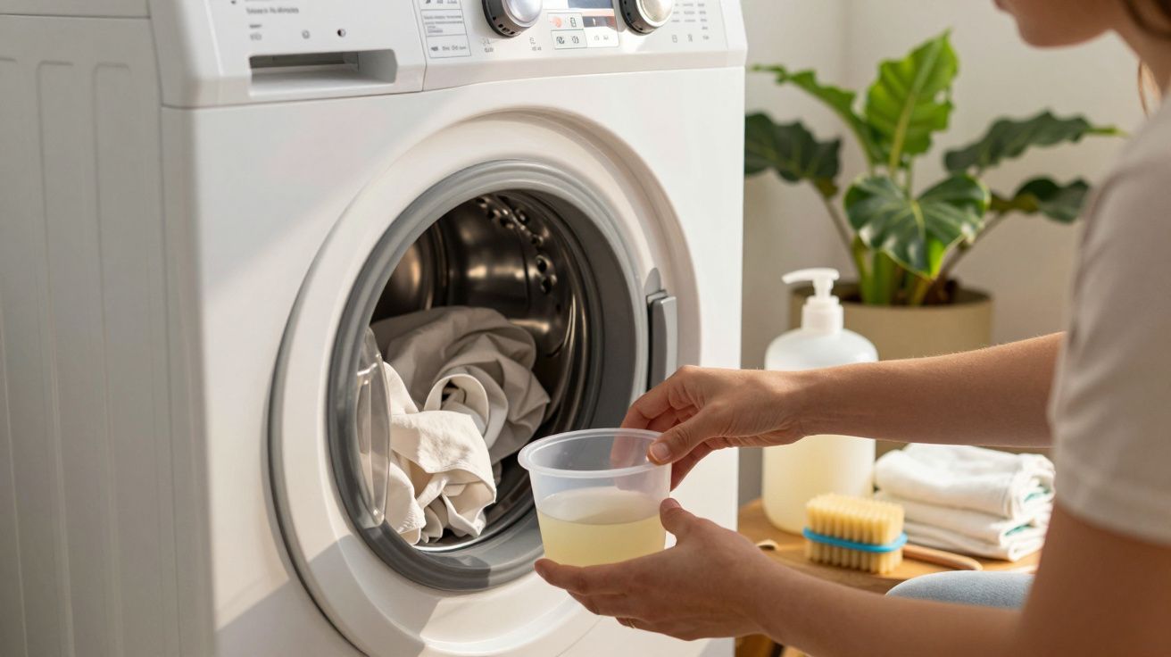 Pessoa a adicionar detergente líquido numa máquina de lavar roupa, com roupa branca no interior.