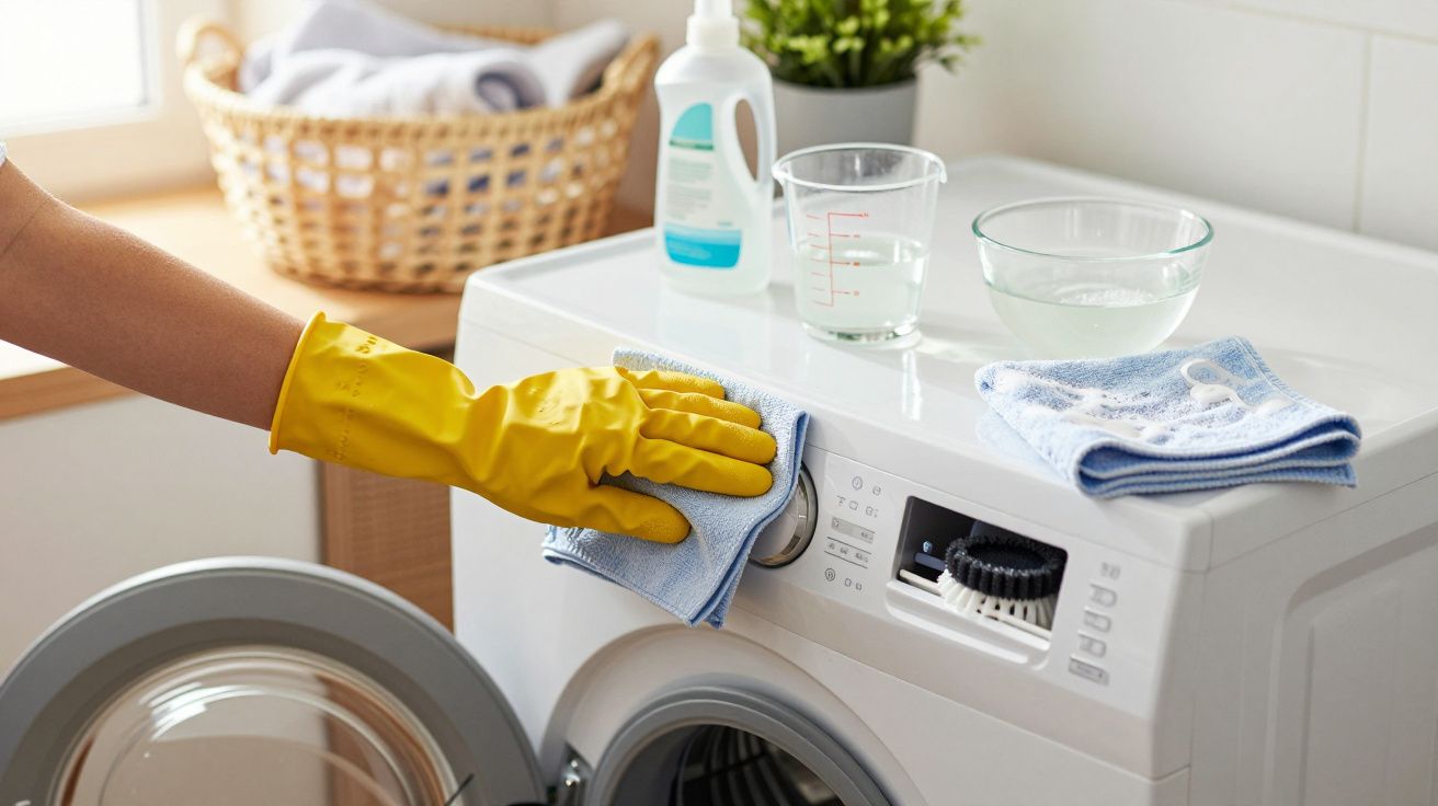 Pessoa limpa máquina de lavar roupa com luvas amarelas, pano azul e produtos de limpeza.