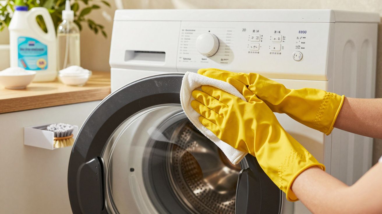 Pessoa com luvas amarelas a limpar uma máquina de lavar roupa. Produtos de limpeza ao fundo.