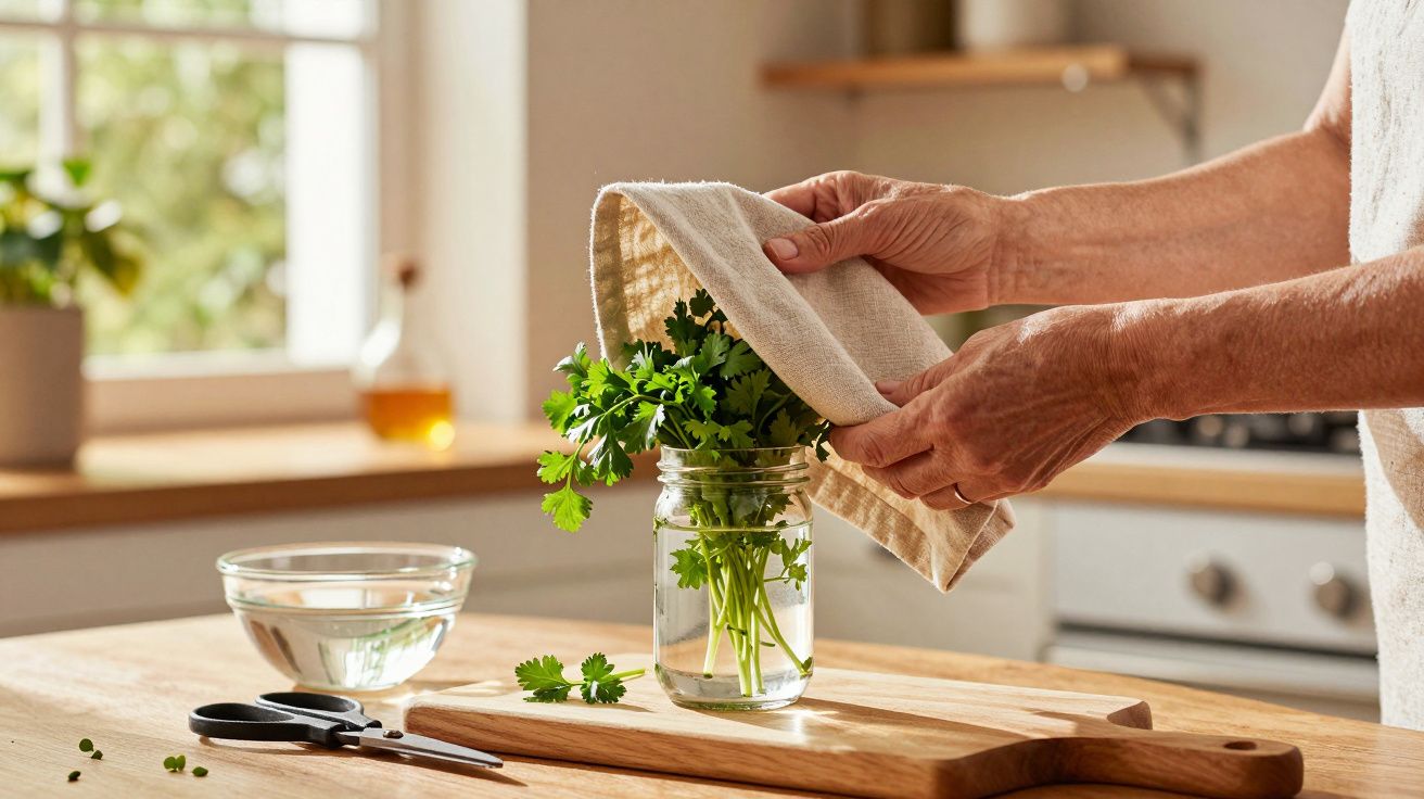 Mãos a cobrir ervas num frasco com água na cozinha, próximo de uma taça e uma tesoura.