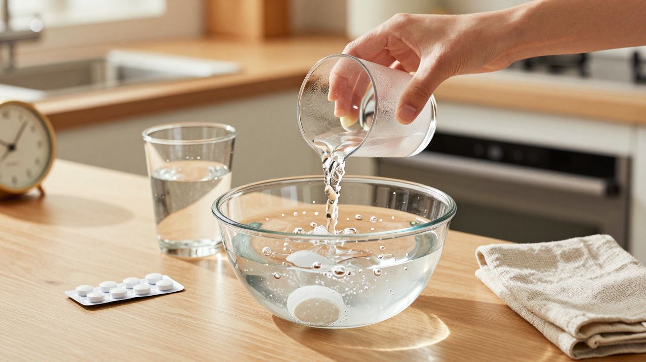 Mão a verter água de copo para taça com pastilha efervescente, sobre mesa de madeira na cozinha.