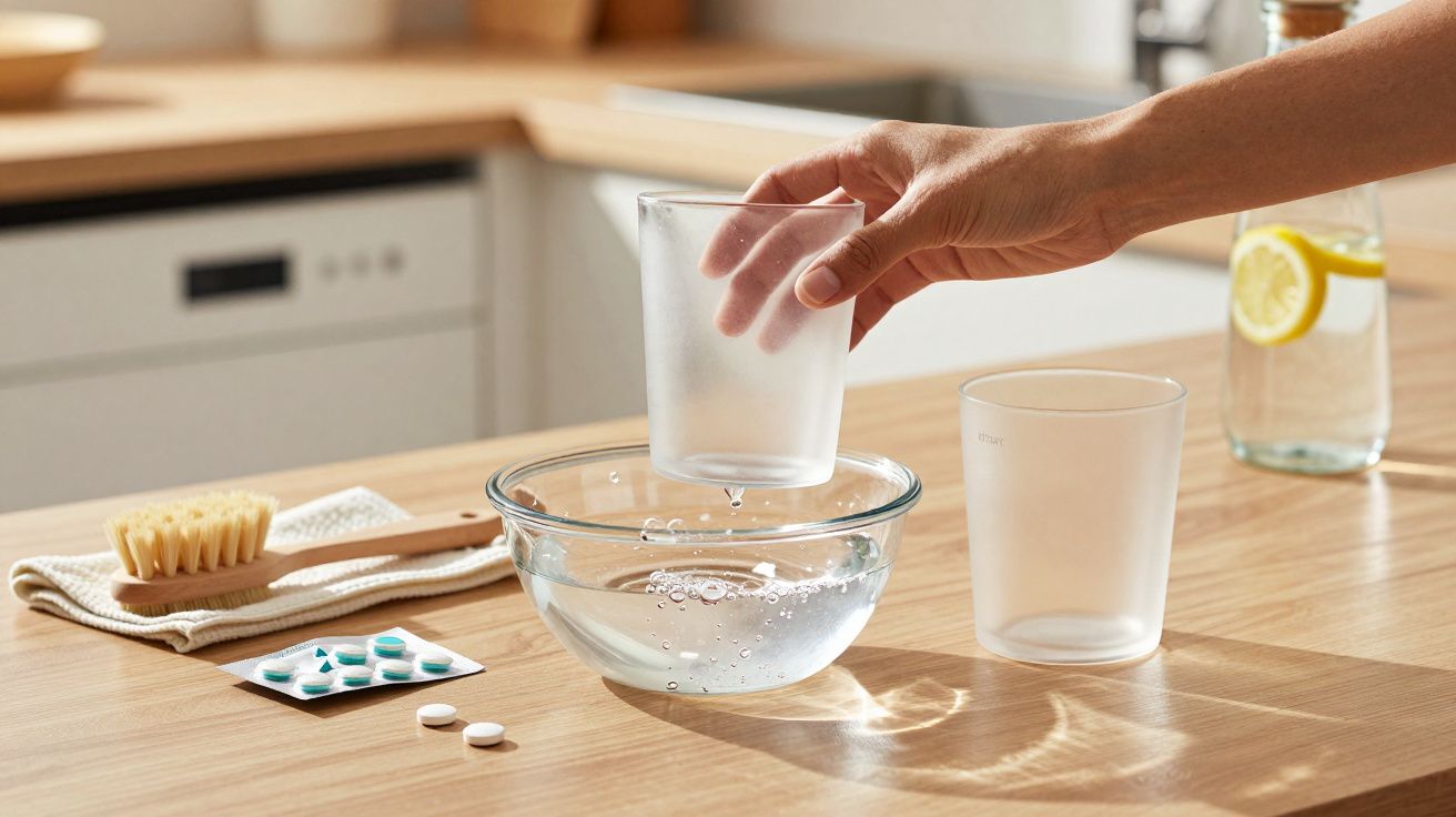 Mão colocando copo em taça de água sobre bancada de cozinha com comprimidos, escova e garrafa ao fundo.