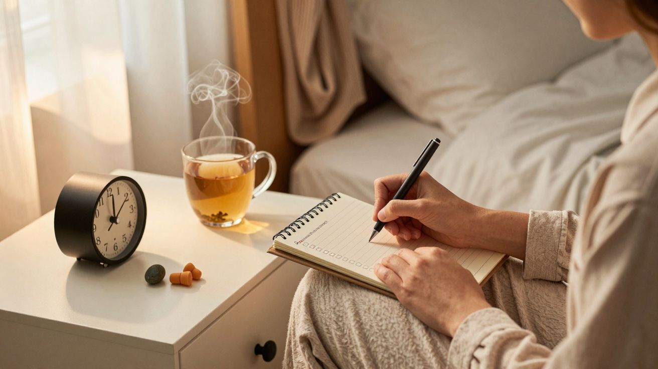 Pessoa escreve num caderno ao lado de uma cama com chá fumegante, despertador e tampões para ouvidos na mesa.