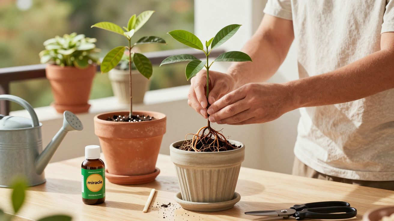 Pessoa plantando muda em vaso de cerâmica, com regador, tesoura e fertilizante sobre a mesa de madeira.