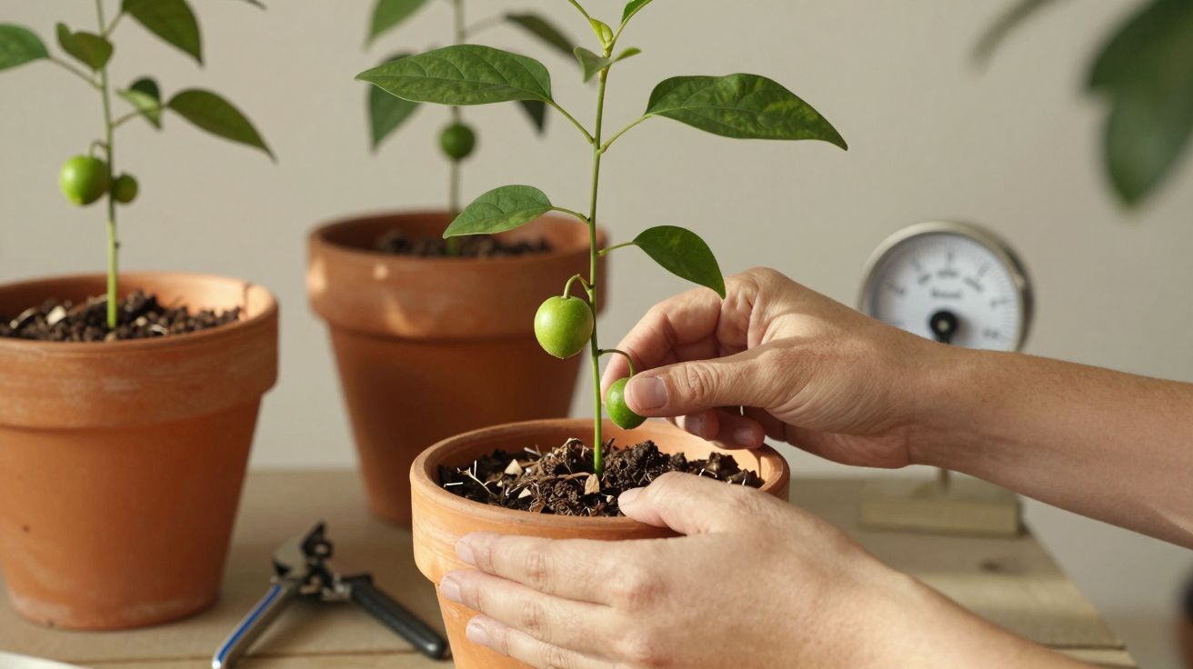 Mãos cuidando de uma planta jovem com fruto verde num vaso de cerâmica, com tesoura de poda ao fundo.