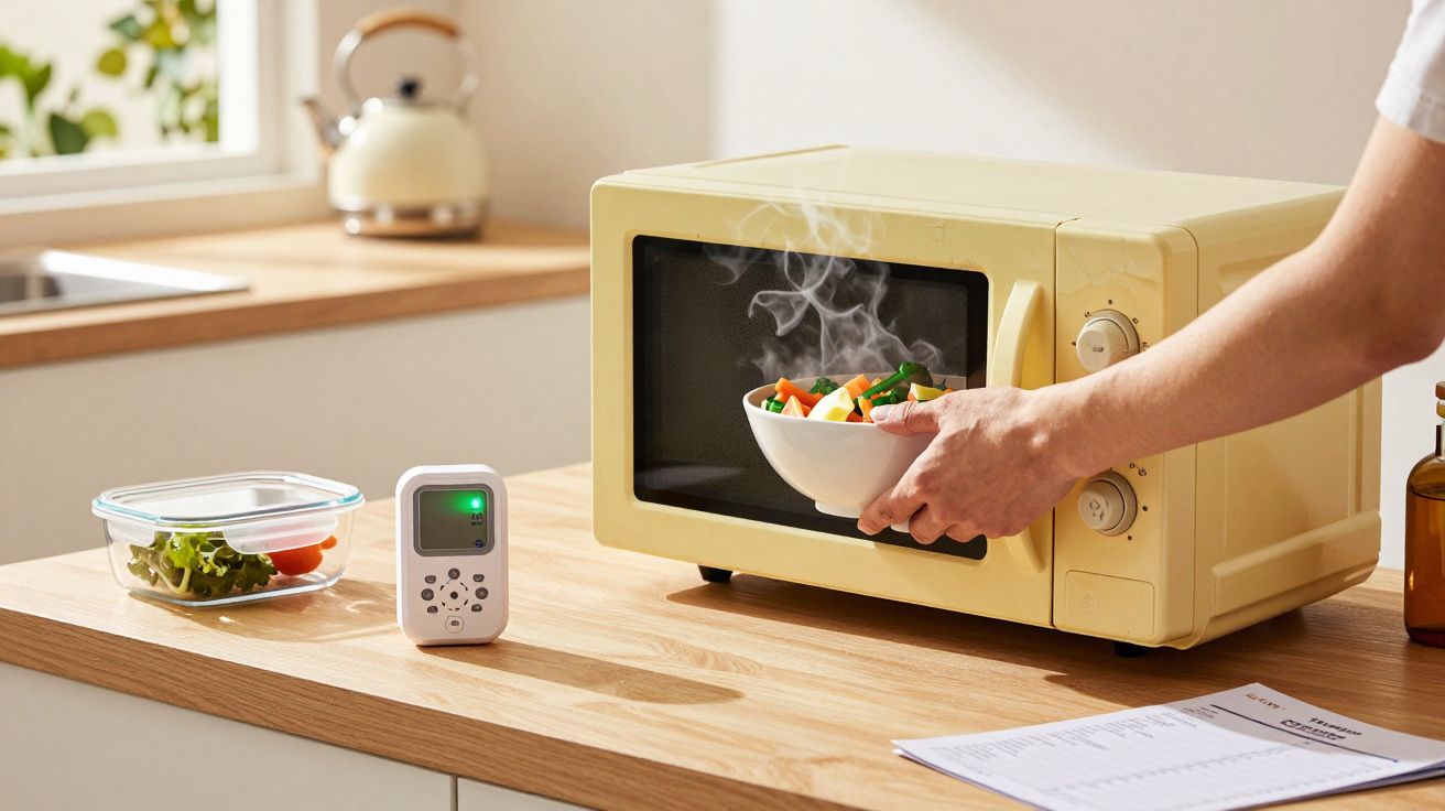 Pessoa retira uma tigela de vegetais a fumegar de um micro-ondas amarelo numa cozinha iluminada.