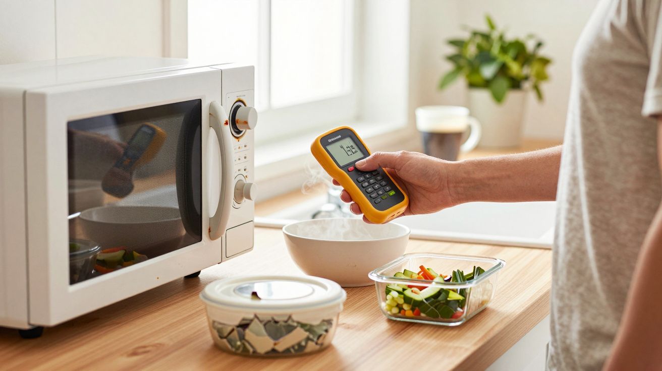 Pessoa verifica temperatura de uma tigela com termómetro digital na cozinha, ao lado de um micro-ondas e salada.
