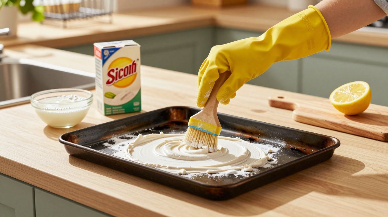 Mão com luva amarela aplica detergente em tabuleiro de forno com pincel; limão e tigela ao lado.