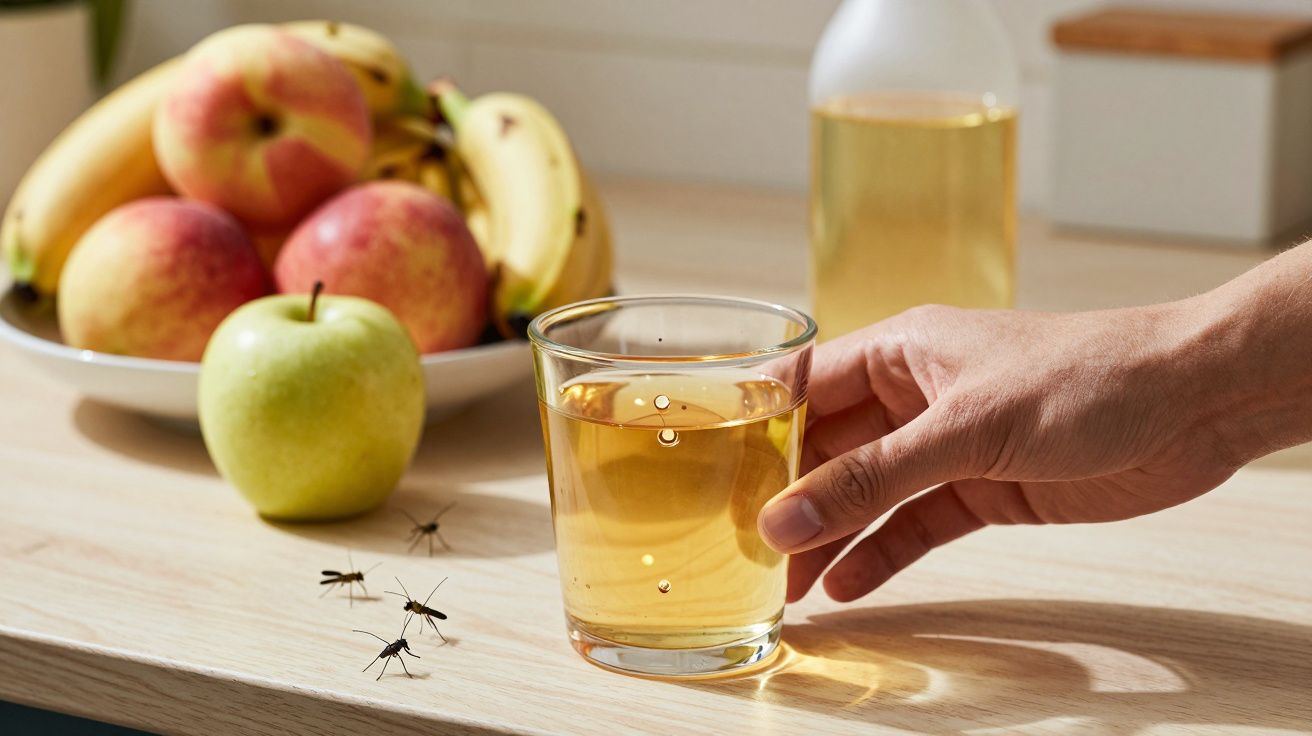 Mão segurando copo de sumo de maçã, com prato de fruta e moscas na mesa.