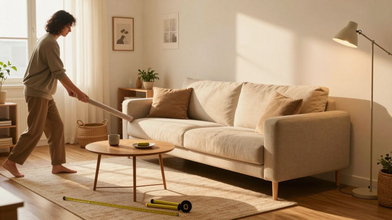 Pessoa a limpar sala moderna e iluminada, com sofá bege, mesa de centro e plantas.