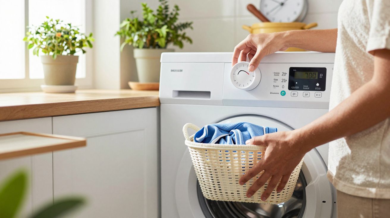 Pessoa ajusta a máquina de lavar roupa, segurando cesto com roupa azul. Cozinha decorada com plantas ao fundo.