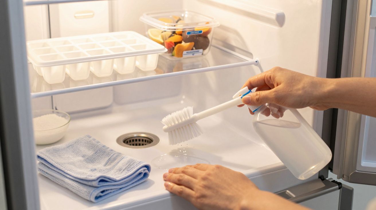 Pessoa a limpar o interior de um frigorífico com escova e spray, com fruta e formas de gelo nas prateleiras.