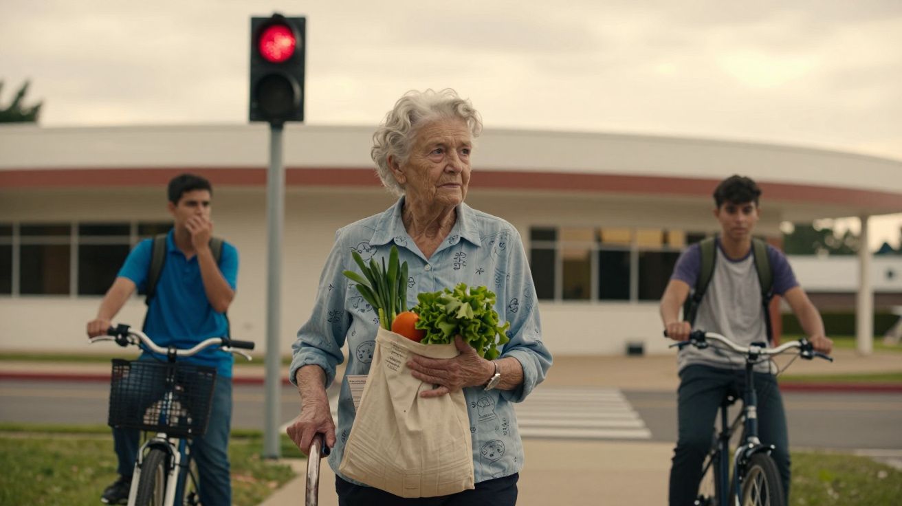 Idosa com compras numa passadeira, dois jovens com bicicletas atrás, semáforo vermelho ao fundo.