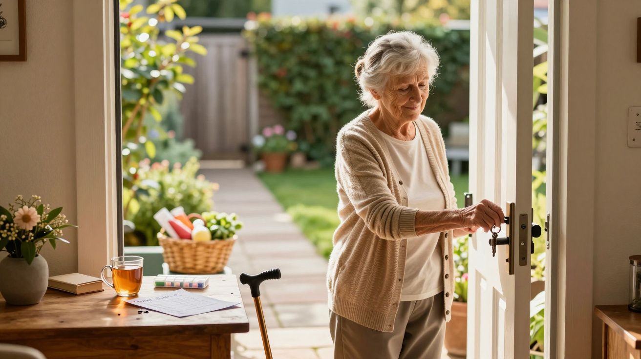 Mulher idosa entra em casa através de uma porta aberta, segurando a maçaneta. Há uma bengala e uma chávena de chá sobre a mes