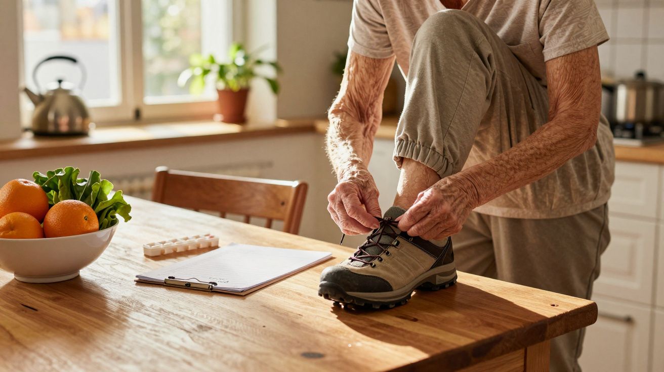 Pessoa idosa amarra sapatilha em cima da mesa da cozinha com frutas e lista de compras em casa iluminada.