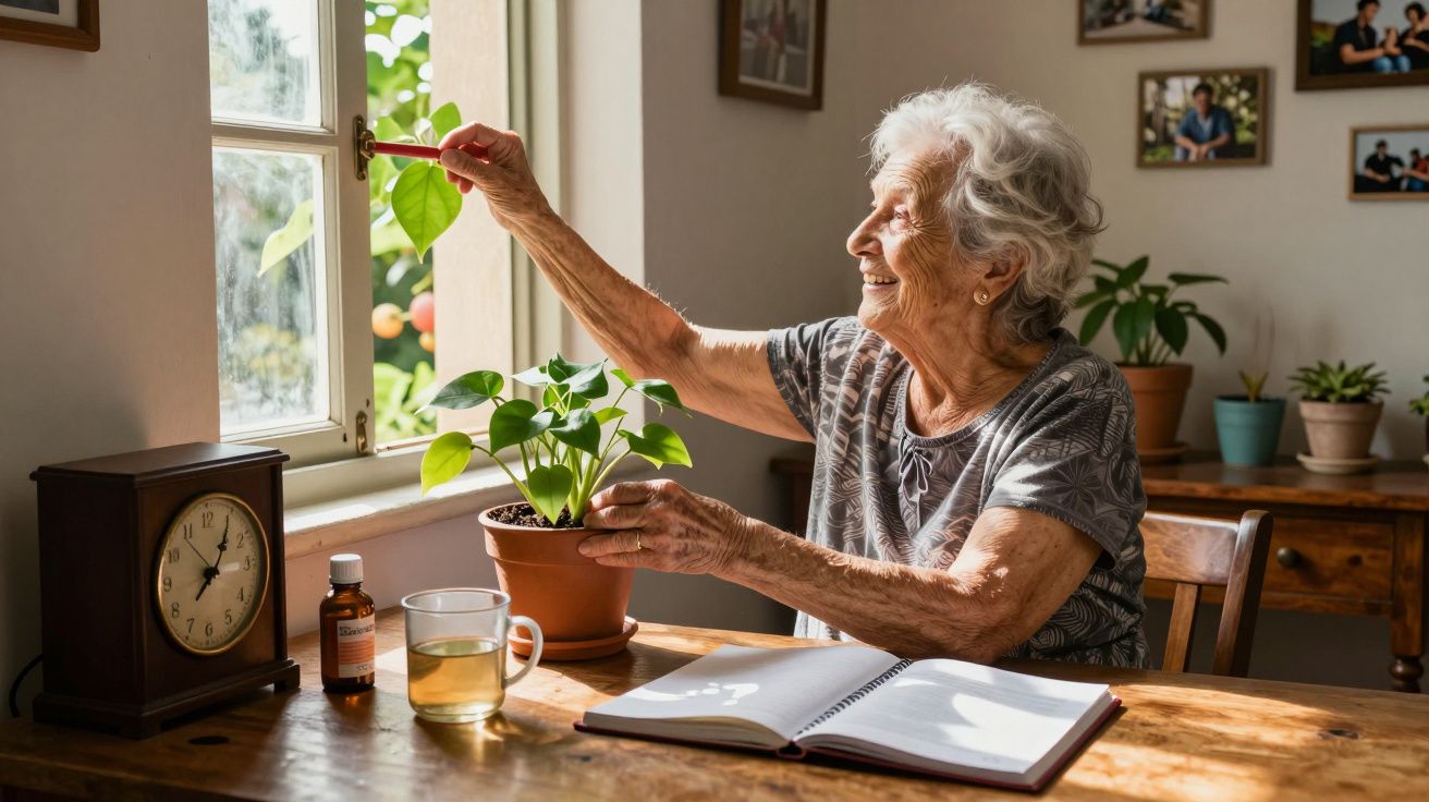 Idosa sorridente cuida de planta ao lado de janela aberta, com chá e caderno na mesa. Relógio e frascos ao fundo.