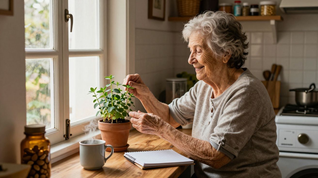 Idosa sorridente cuida de planta numa cozinha iluminada, com caneca e caderno sobre a mesa.
