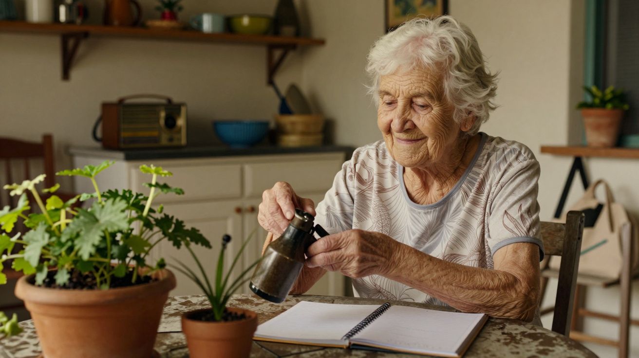 Idosa cuidando de plantas em vasos pequenos, sentada à mesa com caderno aberto e regador na mão.