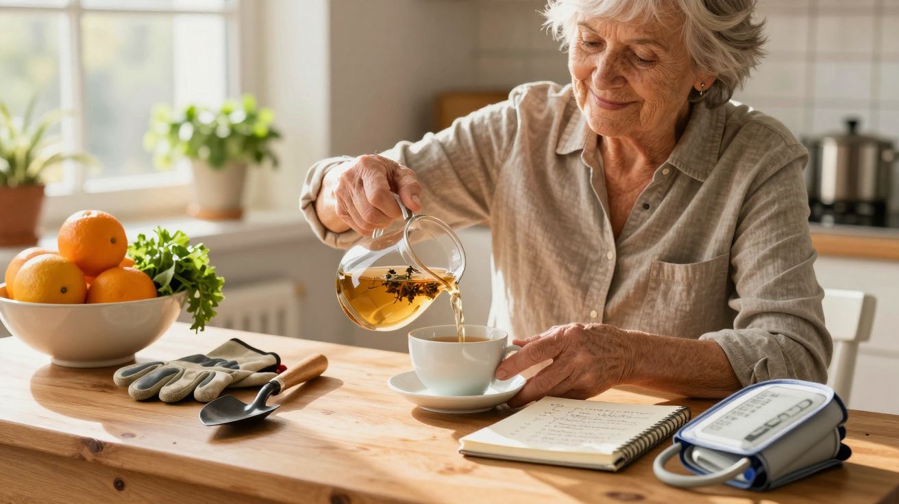 Idosa sorridente serve chá numa chávena ao lado de um caderno e um medidor de pressão numa cozinha iluminada.