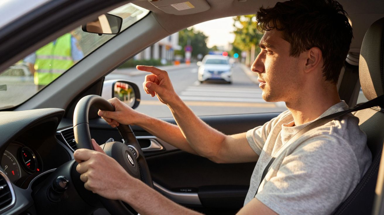 Homem a conduzir um carro, apontando com o dedo para fora da janela ao entardecer, com carro da polícia ao fundo.