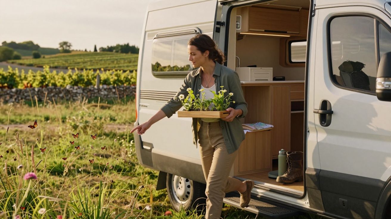 Mulher saindo de uma autocaravana com flores na mão, num campo com borboletas e vinhas ao fundo.