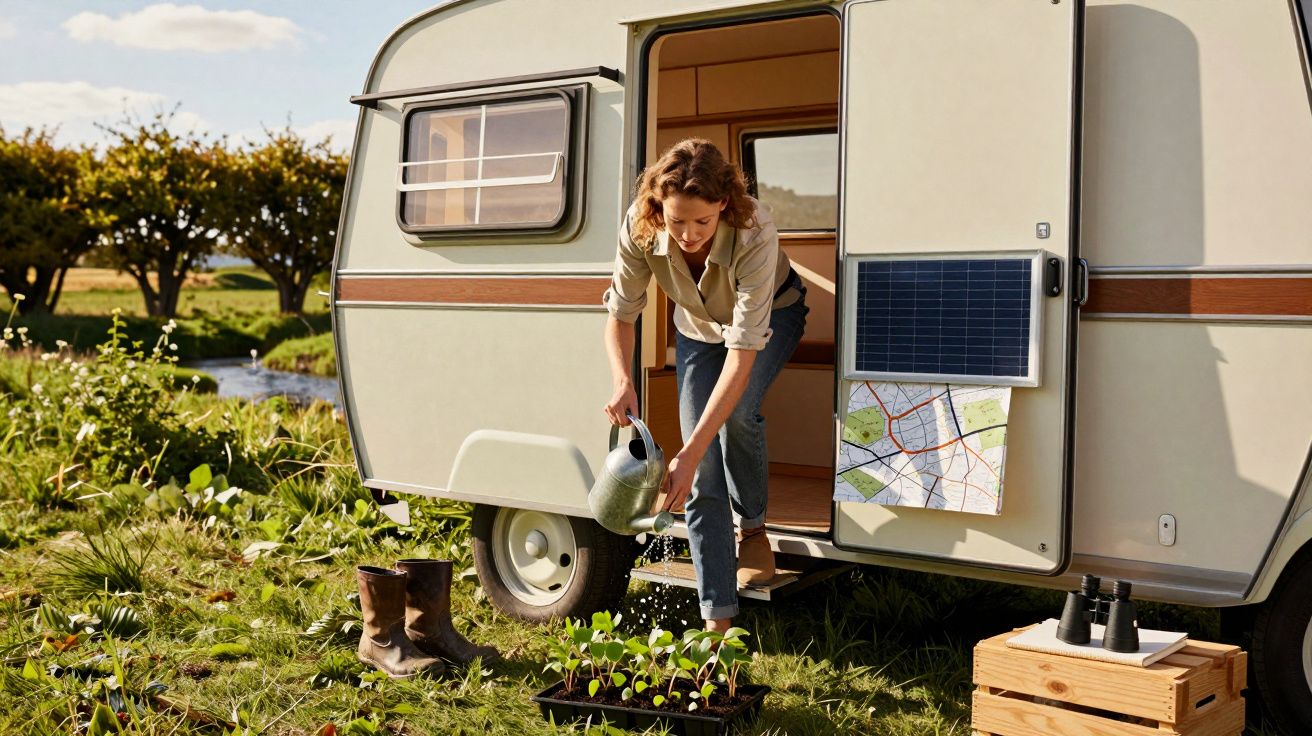 Mulher a regar plantas junto a uma caravana, com botas e binóculos no chão, num ambiente campestre e ensolarado.