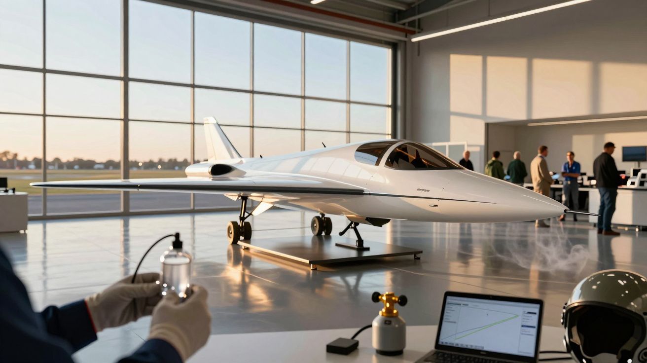 Prototipo de um pequeno avião futurista num hangar com pessoas ao fundo e computador portátil em primeiro plano.