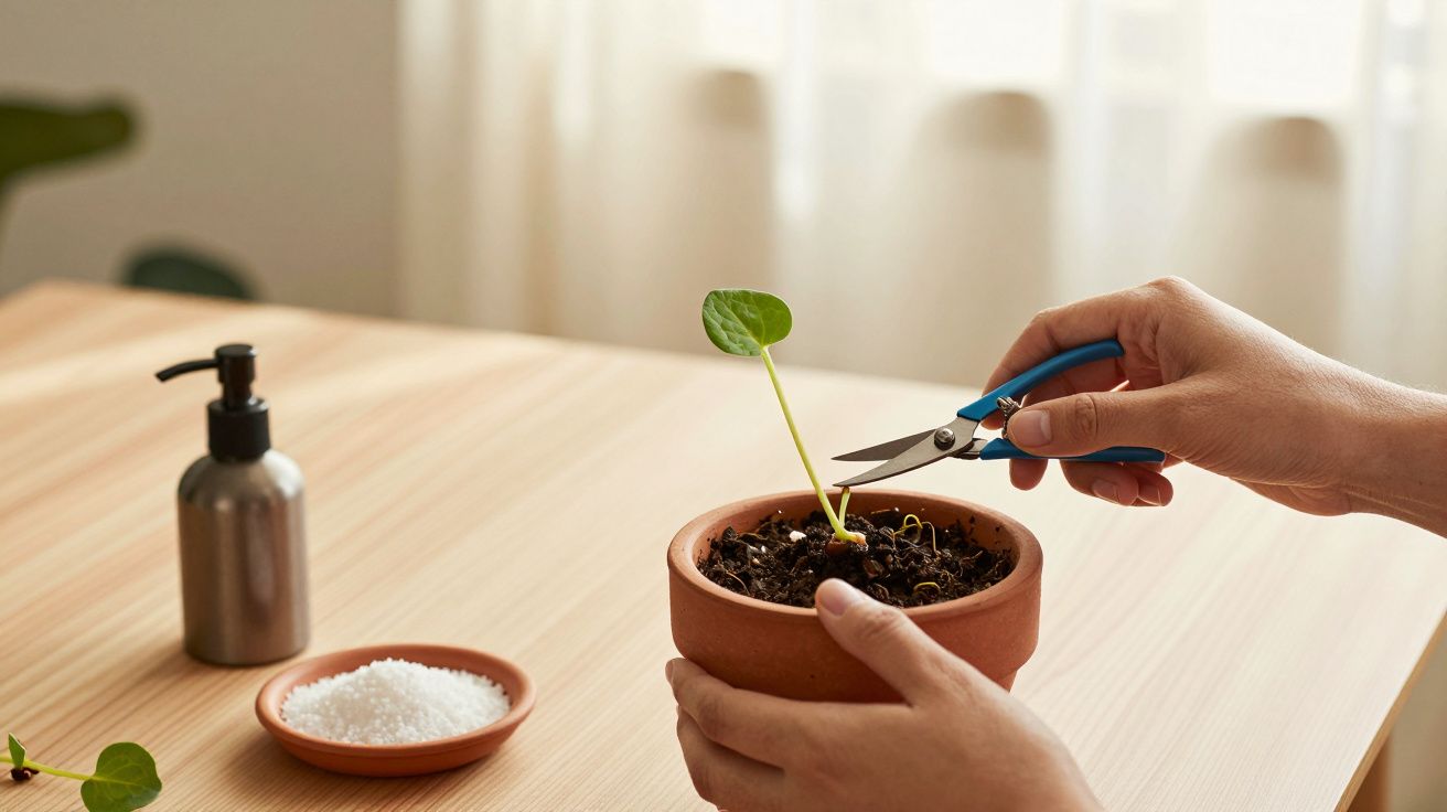 Mãos cuidam de uma planta num vaso, cortando um caule, com tesoura de poda sobre mesa de madeira.