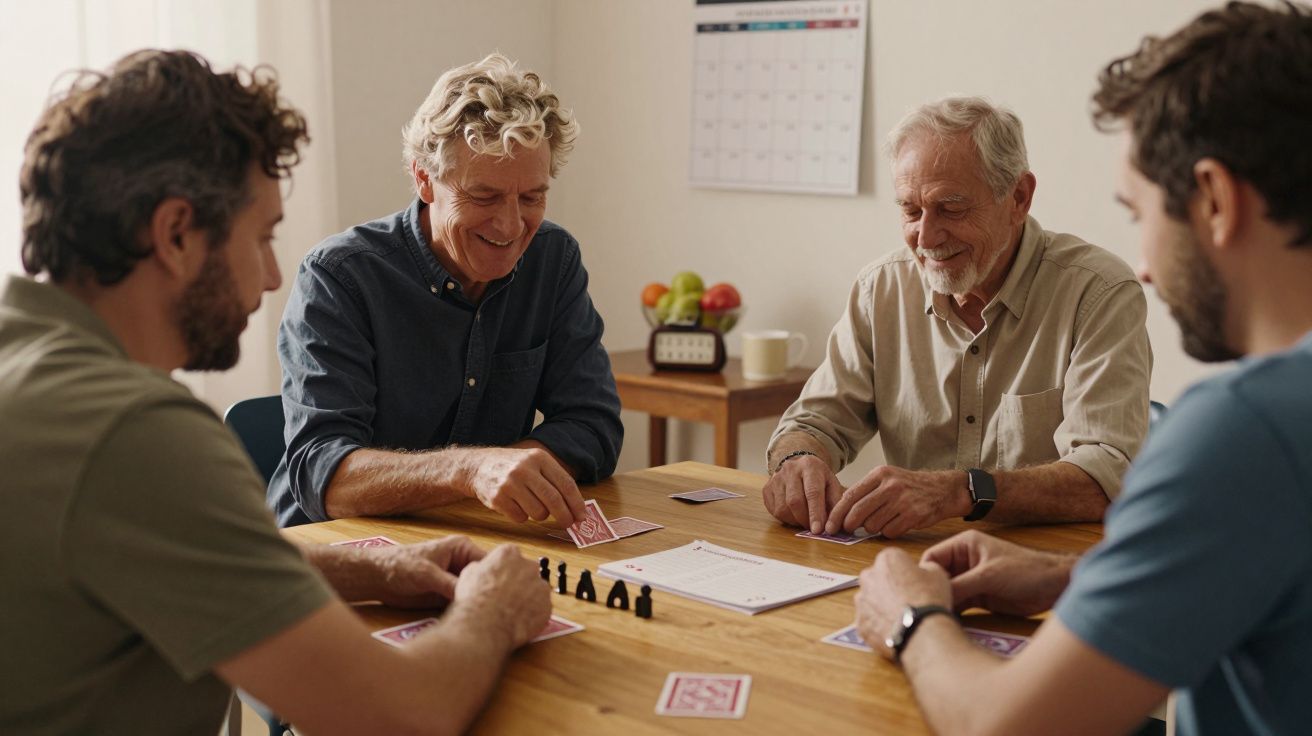 Quatro homens jogam cartas à volta de uma mesa de madeira numa sala iluminada.