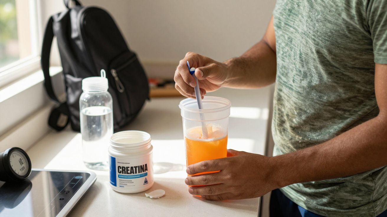 Homem mistura bebida laranja em copo grande, ao lado de pote de creatina, numa cozinha iluminada.